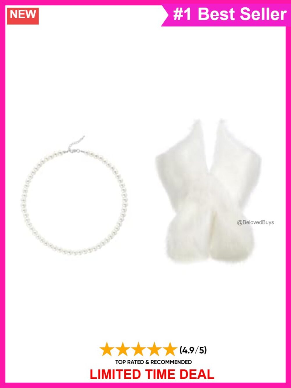 Faux Pearl Necklace with Faux Fur Shawl Wrap Evening Cape Set